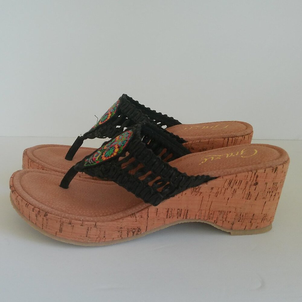 Grazie Wedge Heel Sandal 10 Black Embroidered Sugar Skull Woven Upper Cork Sole - Picture 5 of 14